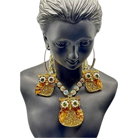 Betsey Johnson Gold Glitter Green Eye Owl Pendant Pave Detail Necklace Set-2 PC - Picture 2 of 5